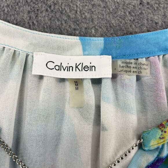 Calvin Klein Blouse Womens Medium Blue Floral Split Neck Chain Tassel Sheer - Picture 11 of 16